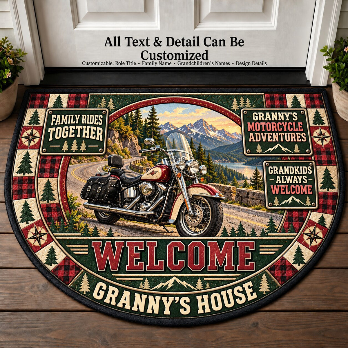 Granny's Motorcycle Adventures Personalized Half Round Mat | 5To9Vibe