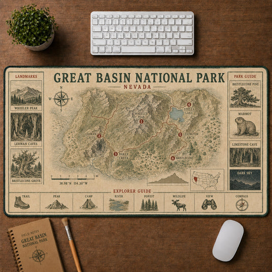 Great Basin National Park Vintage Topographic Park Map Explorer Guide Desk Mat | 5To9Vibe