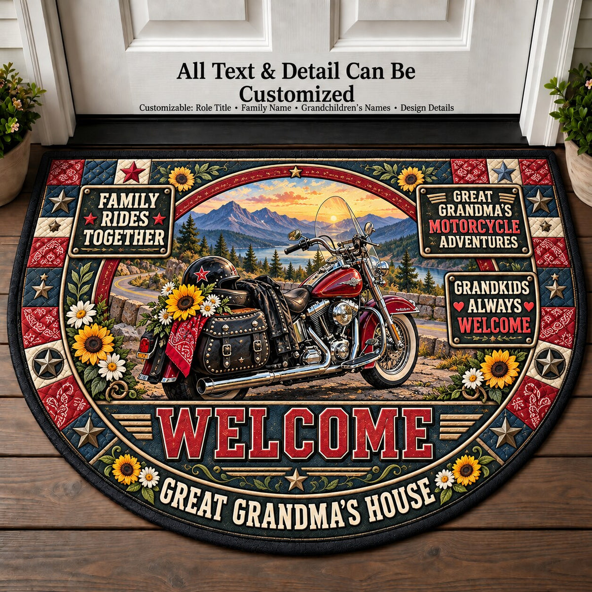 Great Grandma's Motorcycle Adventures Personalized Half Round Mat | 5To9Vibe