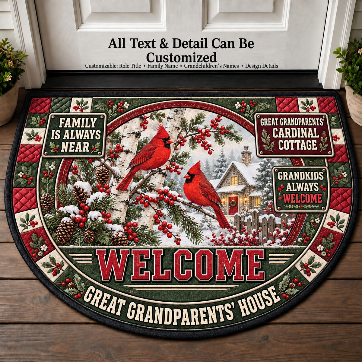 Great Grandparents' Cardinal Cottage Personalized Half Round Mat | 5To9Vibe