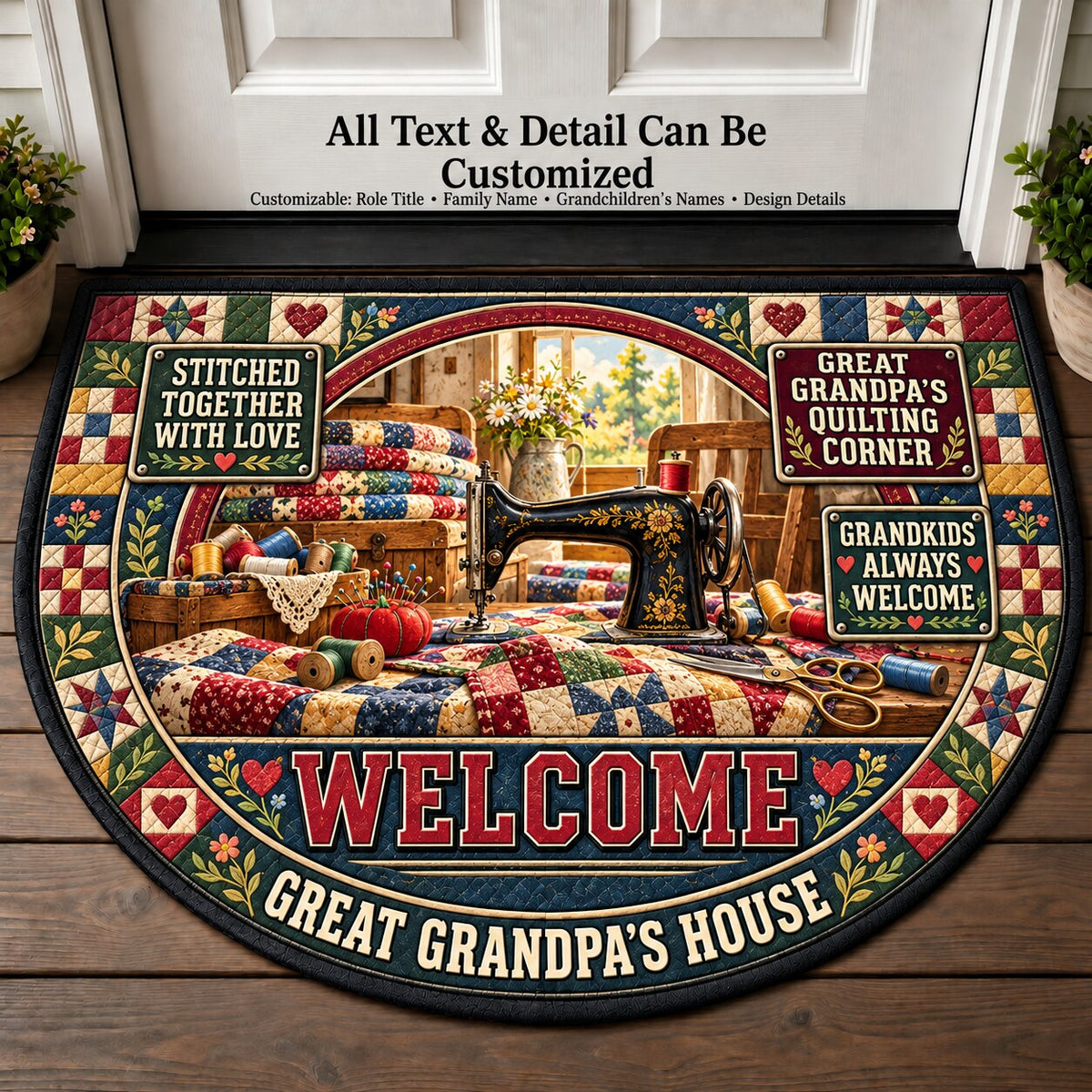 Great Grandpa's Quilting Corner Personalized Half Round Mat | 5To9Vibe