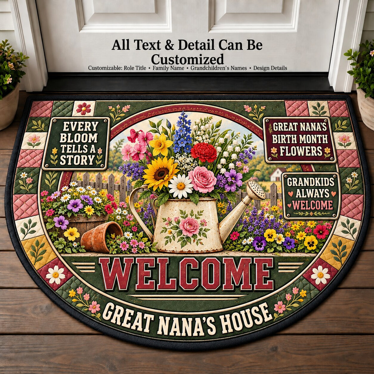 Great Nana's Birth Month Flowers Personalized Half Round Mat | 5To9Vibe