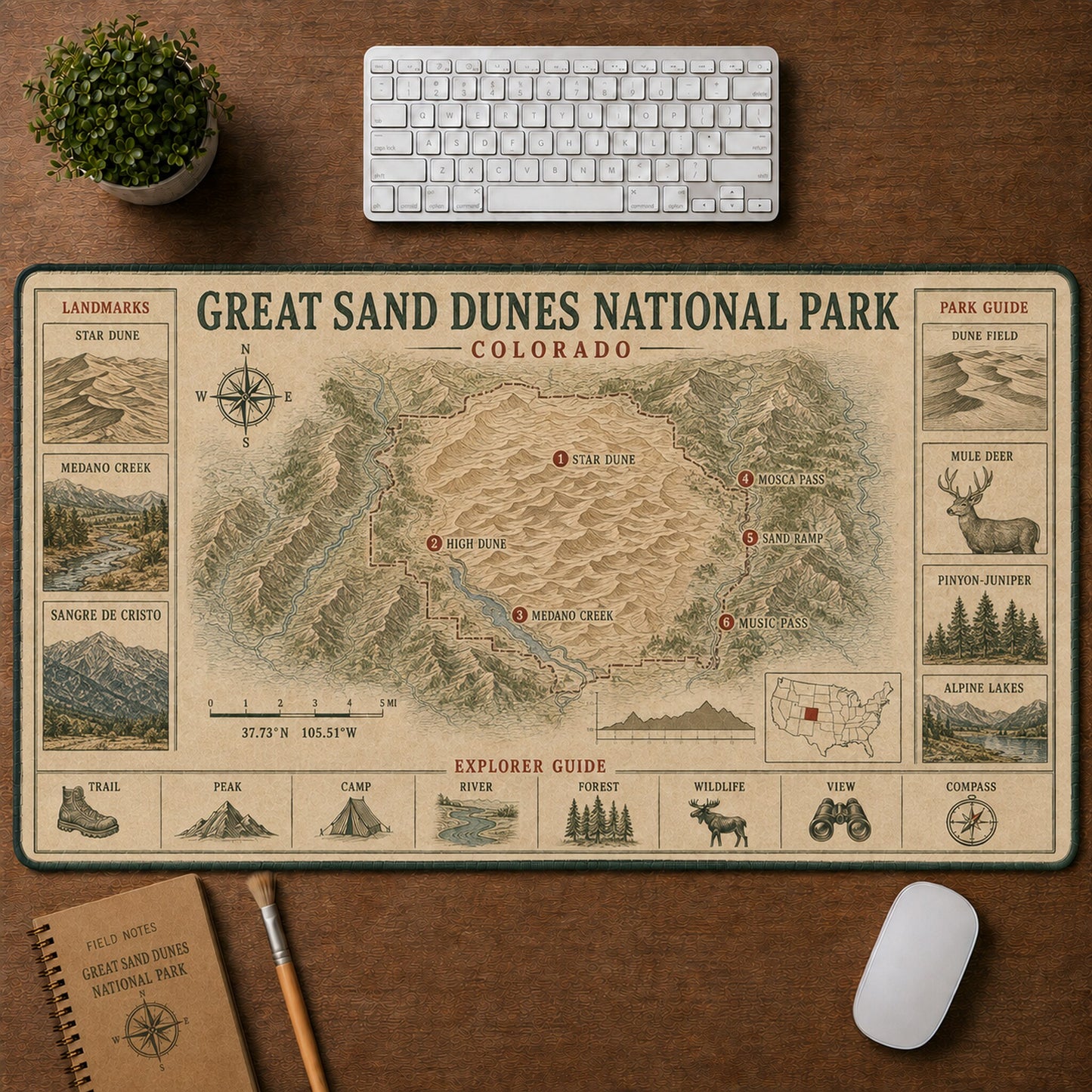 Great Sand Dunes National Park Vintage Topographic Park Map Explorer Guide Desk Mat | 5To9Vibe