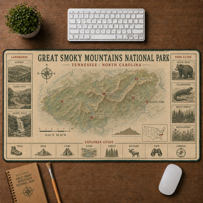 Great Smoky Mountains National Park Vintage Topographic Park Map Explorer Guide Desk Mat | 5To9Vibe