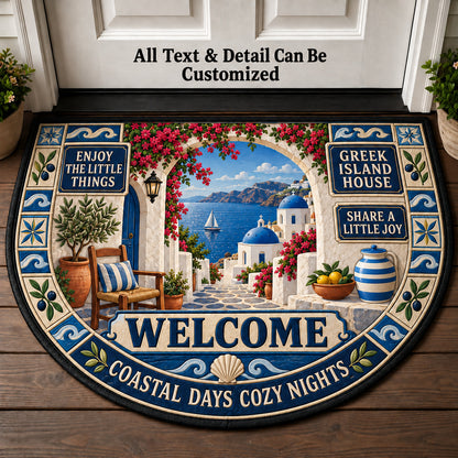 Greek Island House Personalized Half Round Mat | 5To9Vibe