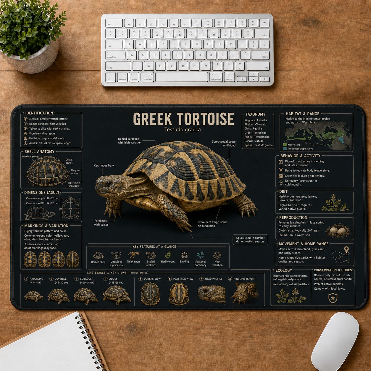 Greek Tortoise Turtle and Tortoise Species Guide Desk Mat | 5To9Vibe
