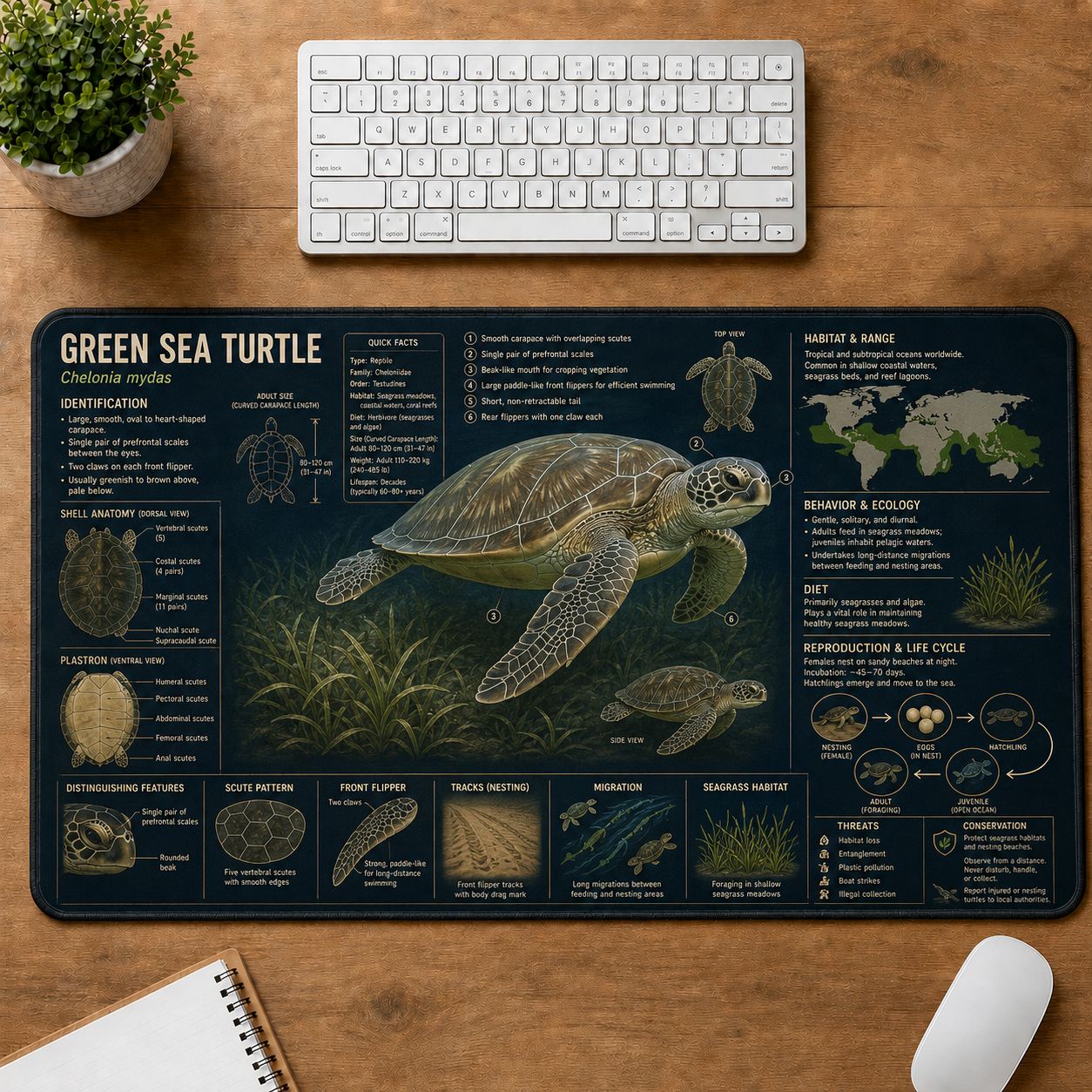 Green Sea Turtle Turtle and Tortoise Species Guide Desk Mat | 5To9Vibe