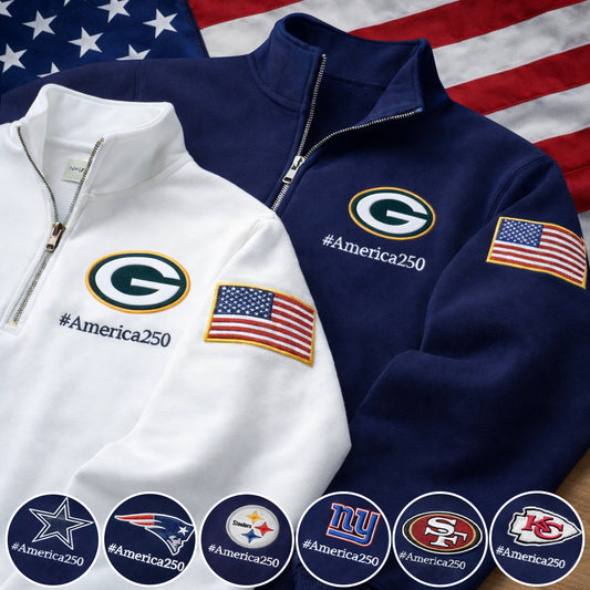 Football Logo America 250 Anniversary Embroidered Logo Premium Quarter Zip Sweatshirt, Inspired Quarter Zip Sweater