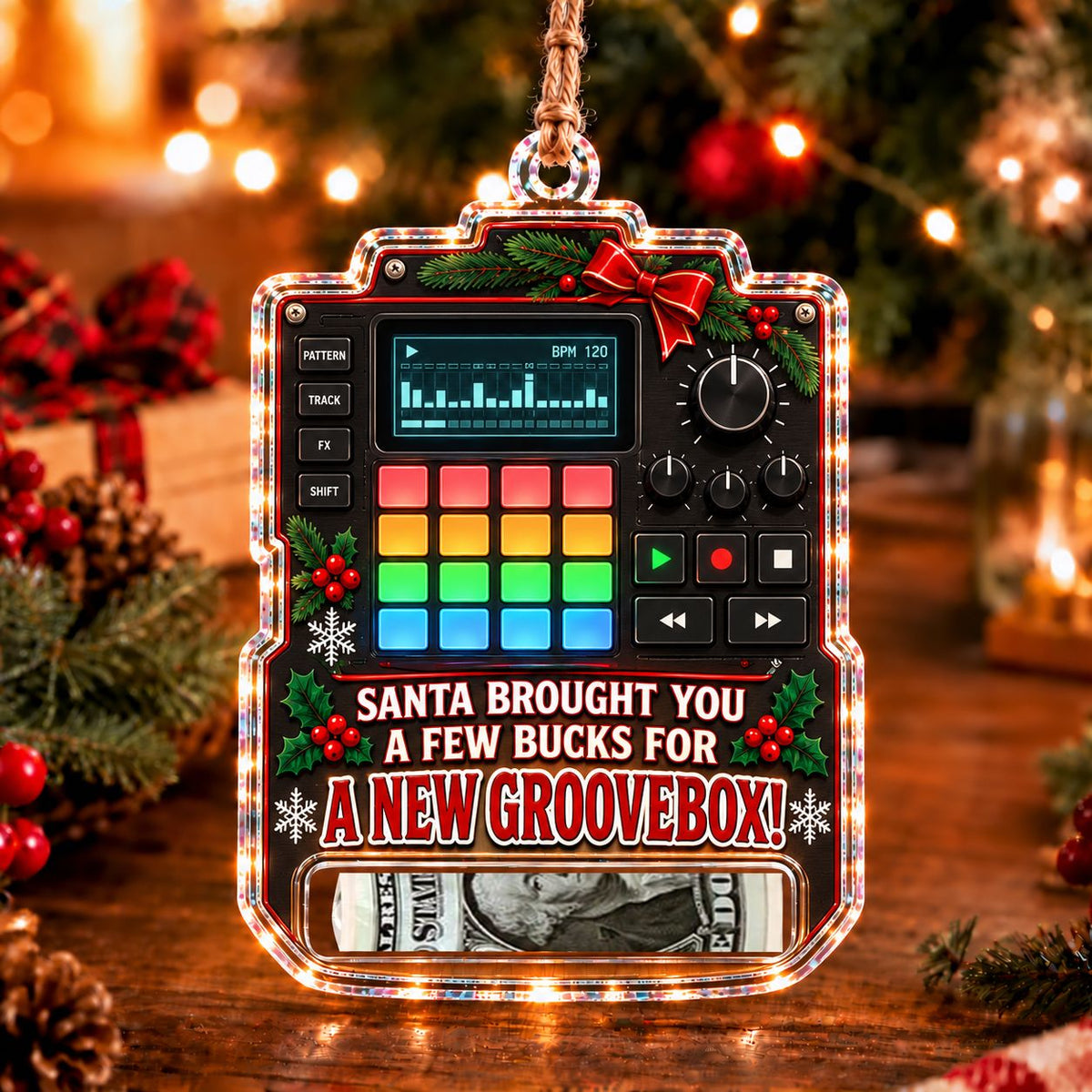 Groovebox Christmas money holder ornament