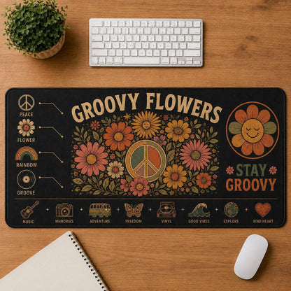 Retro Hippie Hippie Desk Mat Mouse Pad | 5To9Vibe - Groovy Flowers style