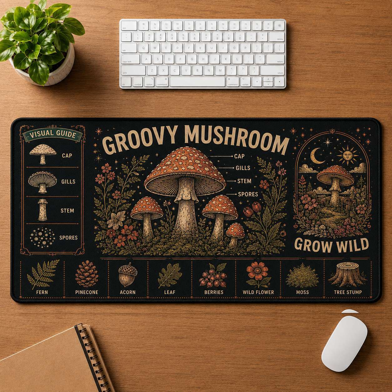 Mushroom & Moon Hippie Desk Mat Mouse Pad | 5To9Vibe - Groovy Mushroom style