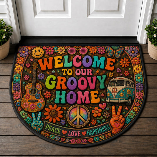 Welcome To Our Groovy Home Doormat - Groovy Retro 70s Peace Welcome Mat - 5to9vibe