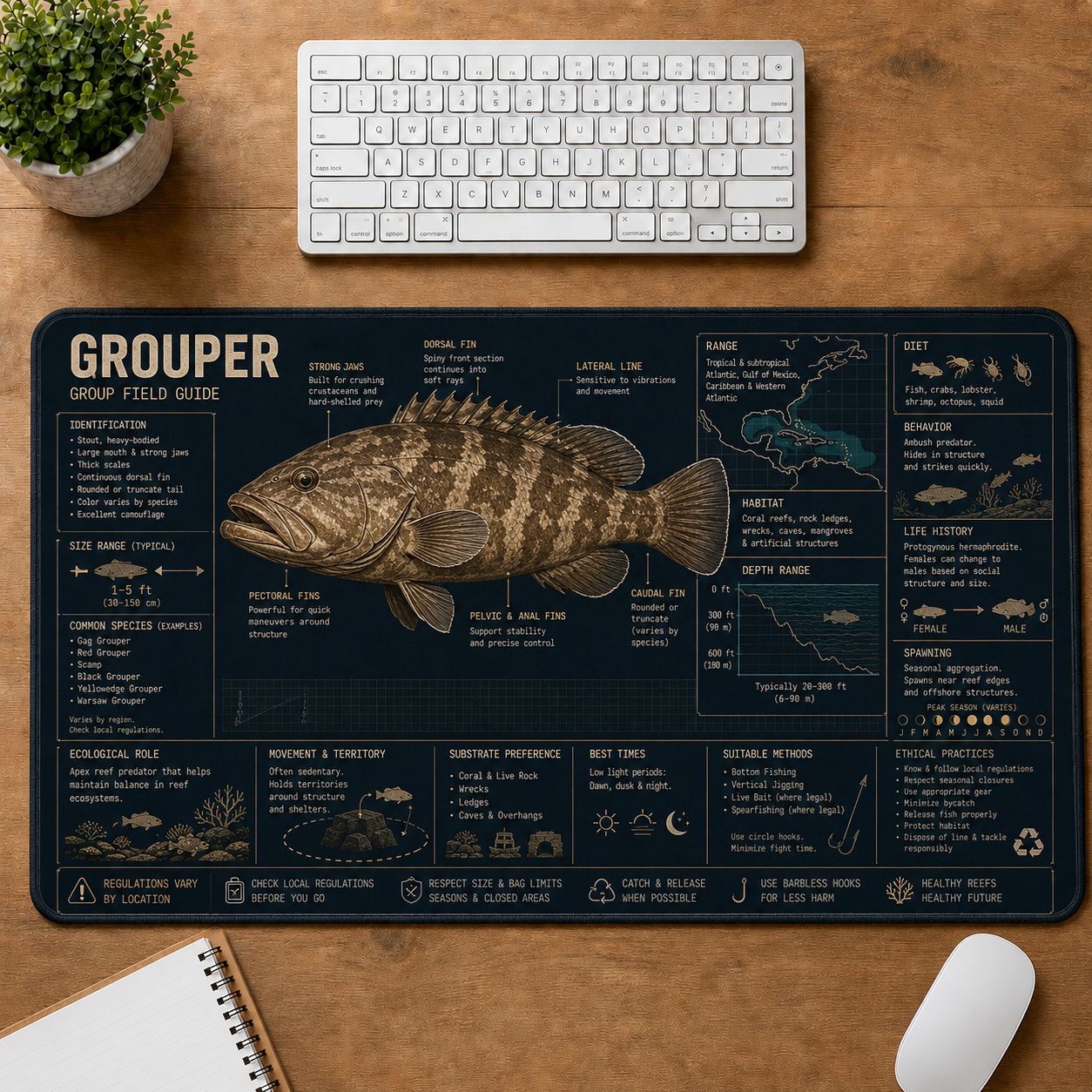 Grouper Fishing Field Guide Desk Mat | 5To9Vibe