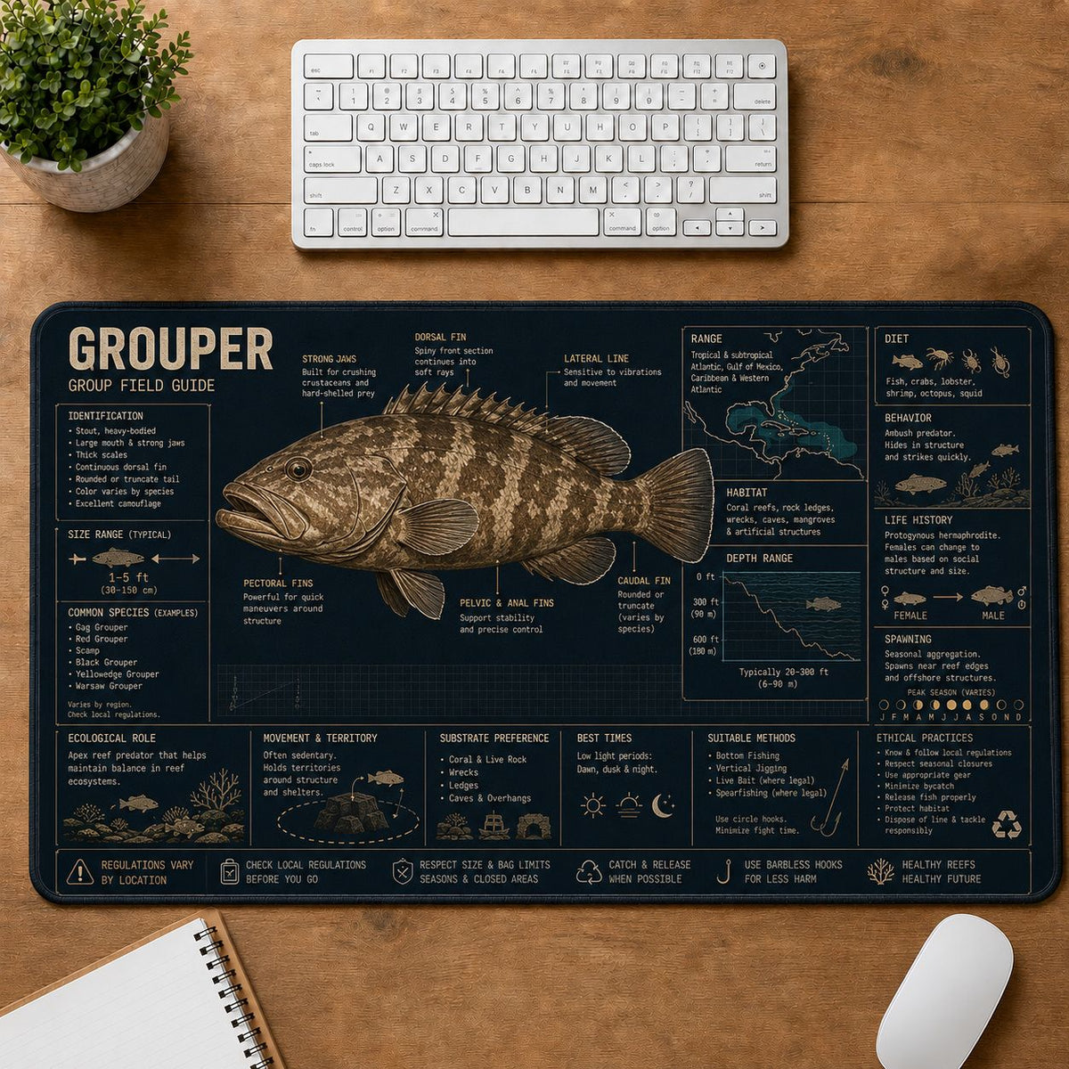 Grouper Fishing Field Guide Desk Mat | 5To9Vibe