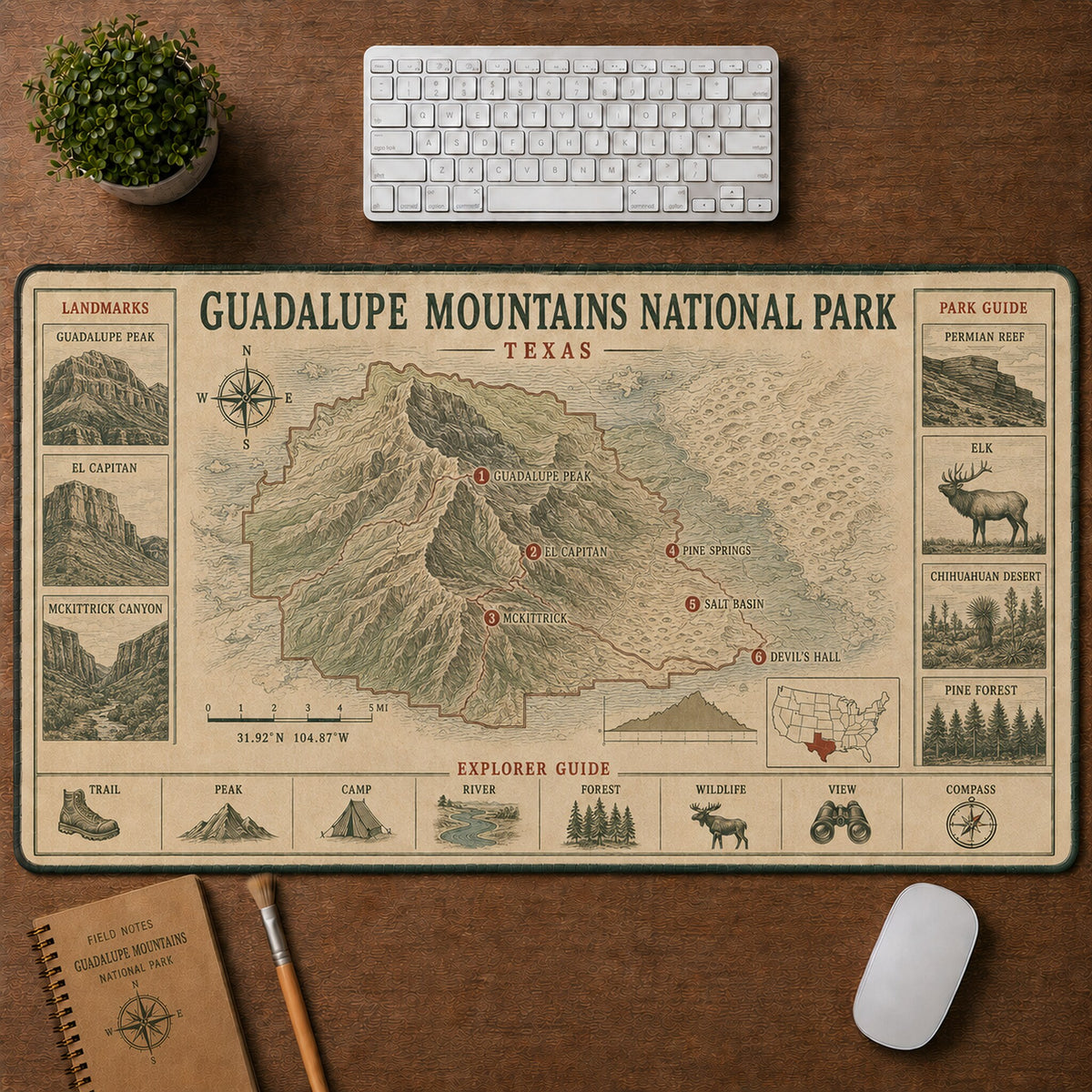 Guadalupe Mountains National Park Vintage Topographic Park Map Explorer Guide Desk Mat | 5To9Vibe