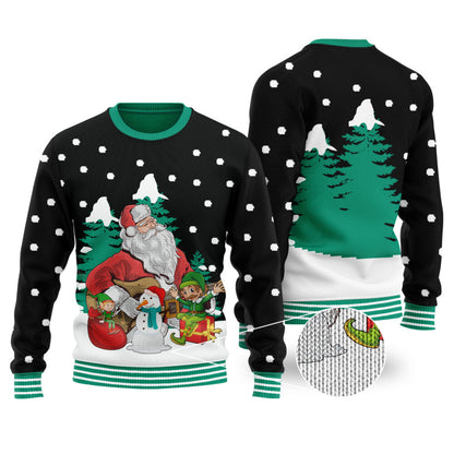 Guitar Santa & Elf Black Ugly Christmas Sweater - Funny Ugly Christmas Sweater