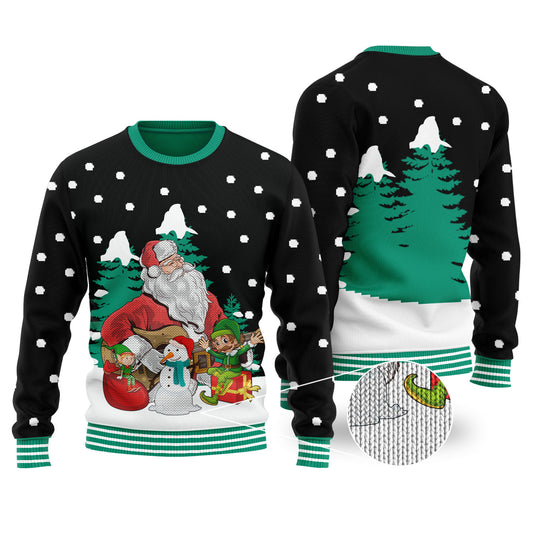 Guitar Santa & Elf Black Ugly Christmas Sweater - Funny Ugly Christmas Sweater