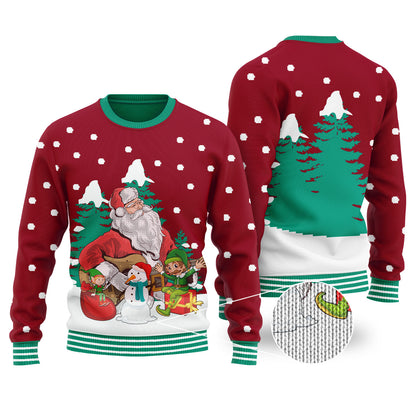 Guitar Santa & Elf Cardinal Red Ugly Christmas Sweater - Funny Ugly Christmas Sweater