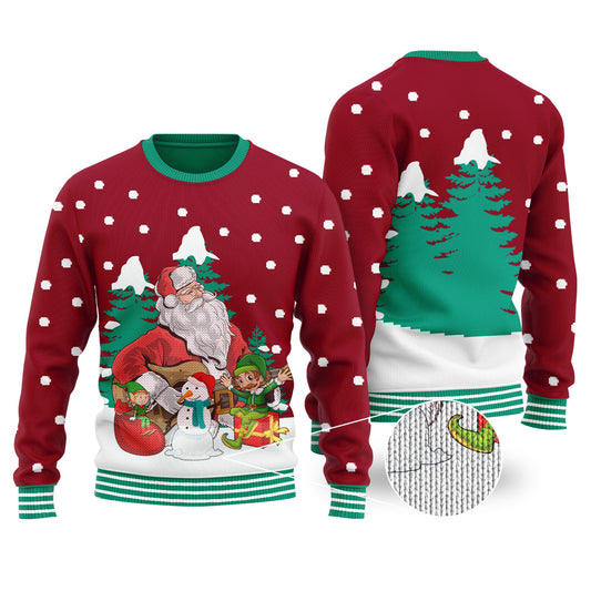 Guitar Santa & Elf Cardinal Red Ugly Christmas Sweater - Funny Ugly Christmas Sweater