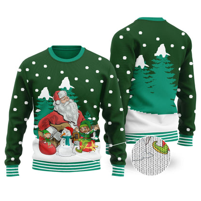 Guitar Santa & Elf Forest Green Ugly Christmas Sweater - Funny Ugly Christmas Sweater