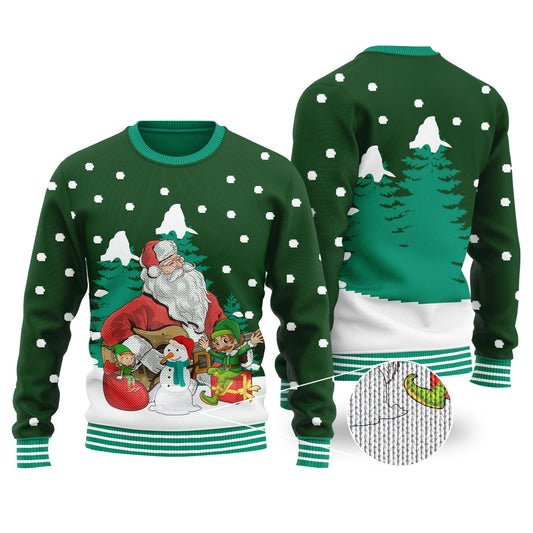 Guitar Santa & Elf Forest Green Ugly Christmas Sweater - Funny Ugly Christmas Sweater