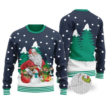 Guitar Santa & Elf Navy Ugly Christmas Sweater - Funny Ugly Christmas Sweater