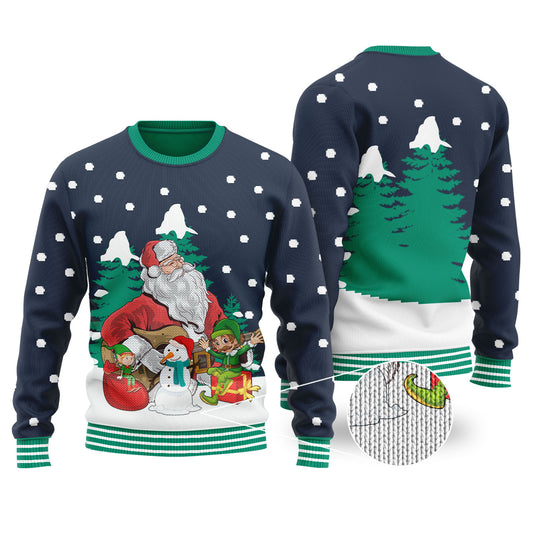Guitar Santa & Elf Navy Ugly Christmas Sweater - Funny Ugly Christmas Sweater