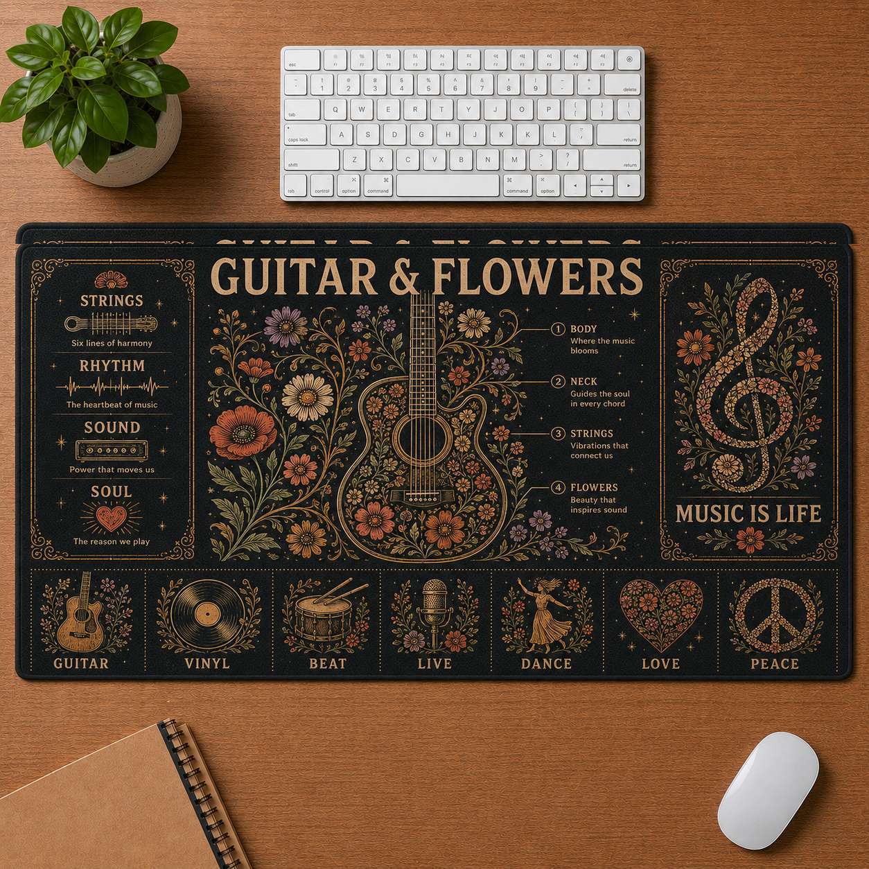 Retro Headphones Hippie Desk Mat Mouse Pad | 5To9Vibe - Guitar & Flowers style