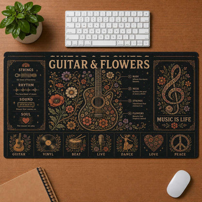 Retro Headphones Hippie Desk Mat Mouse Pad | 5To9Vibe - Guitar & Flowers style