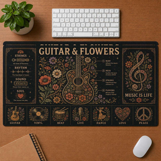 Guitar & Flowers Hippie Desk Mat Mouse Pad | 5To9Vibe - Guitar & Flowers style