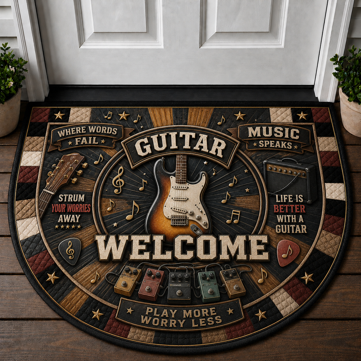 Guitar Welcome Mat - Electric Guitarist Play More Worry Less Doormat - 5to9vibe
