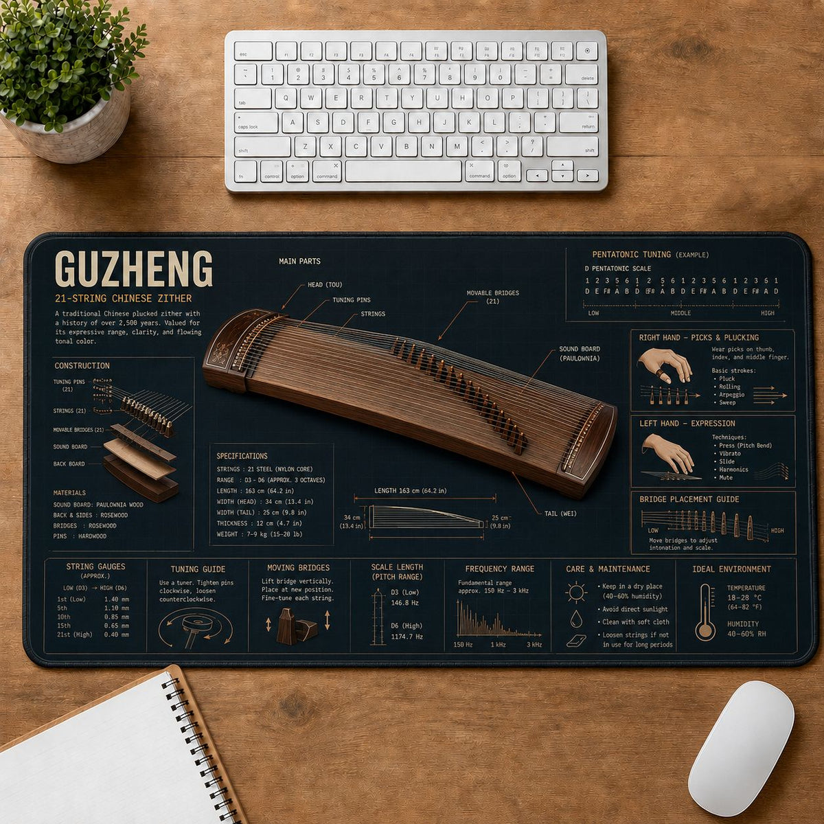 Guzheng Musical Instrument Blueprint Guide Desk Mat | 5To9Vibe