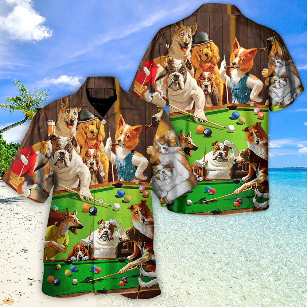 Perros billaristas jugando al billar - Camisa hawaiana unisex para hombres y mujeres