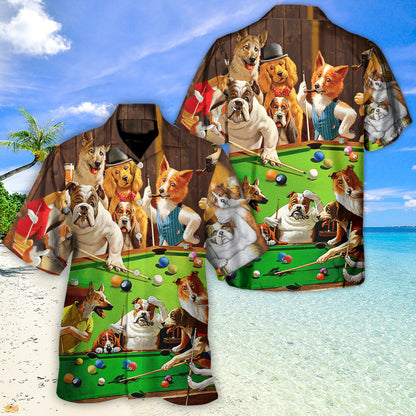 Perros billaristas jugando al billar - Camisa hawaiana unisex para hombres y mujeres