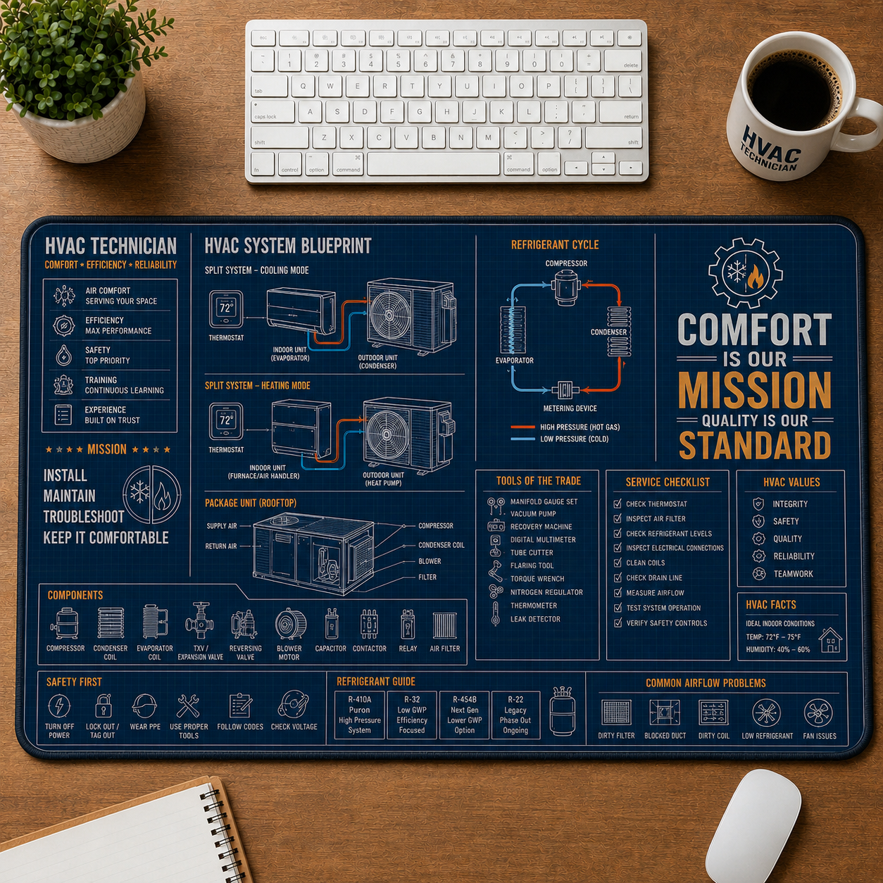 Carpenter Blueprint Large Desk Mat - Woodworking Tools & Joints Plus Size Mouse Pad - 5to9vibe