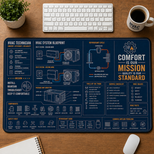 HVAC Technician Blueprint Large Desk Mat - Refrigerant Cycle & System Layout Plus Size Mouse Pad - 5to9vibe