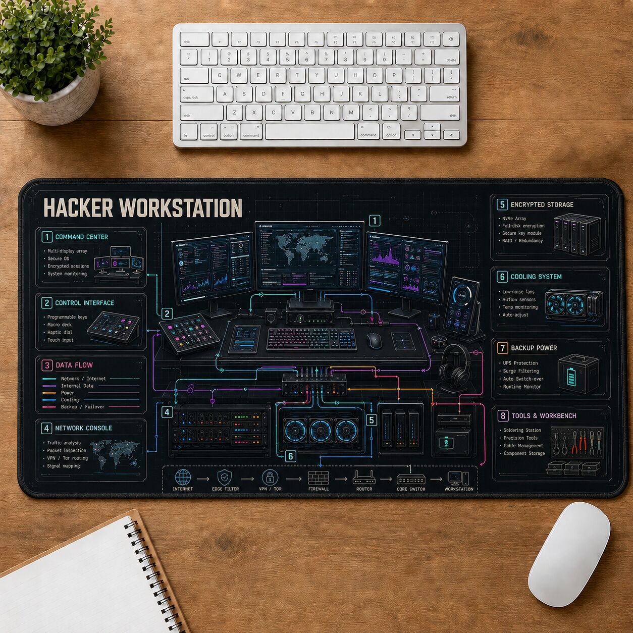 Hacker Workstation Futuristic Technical Guide Desk Mat | 5To9Vibe