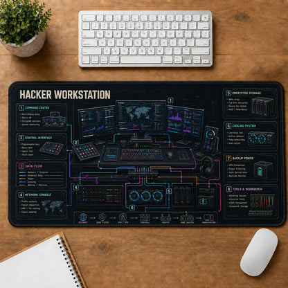 Hacker Workstation Futuristic Technical Guide Desk Mat | 5To9Vibe
