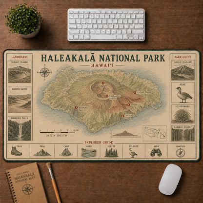Haleakalā National Park Vintage Topographic Park Map Explorer Guide Desk Mat | 5To9Vibe