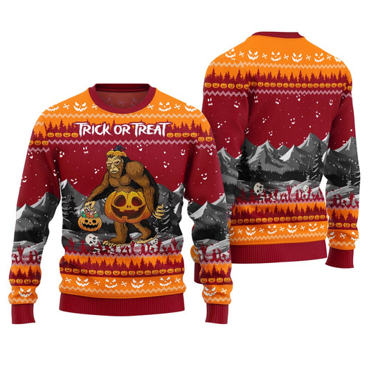 Halloween Bigfoot Trick Or Treat Ugly Sweater Adults Red