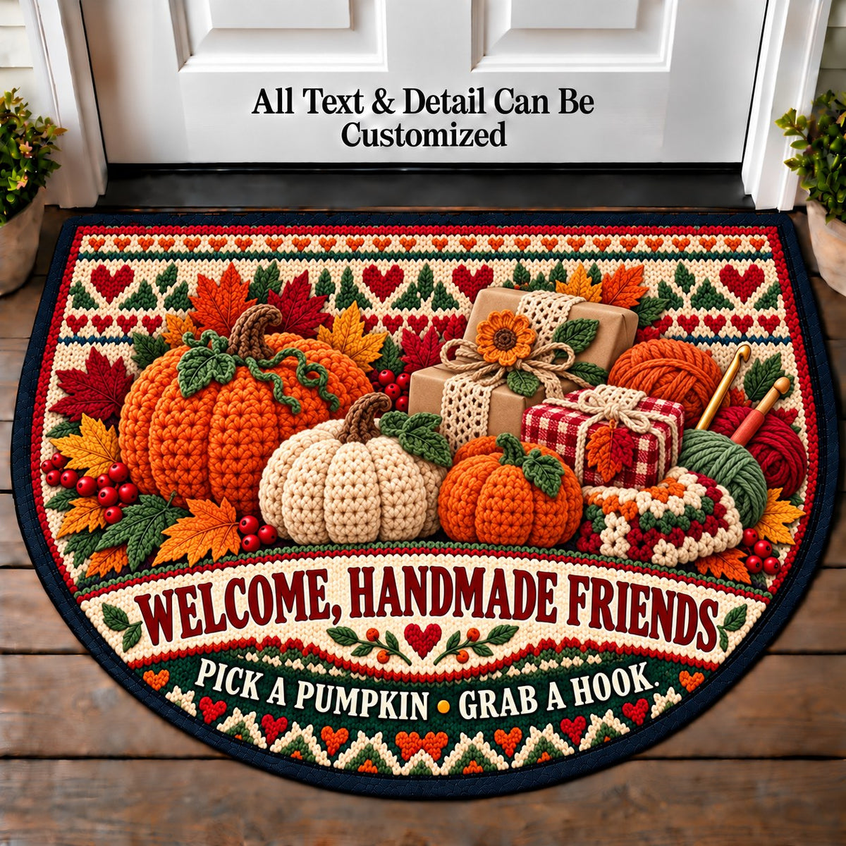 Crochet Pumpkin - Handmade Gift Crew Personalized Half Round Mat | 5To9Vibe