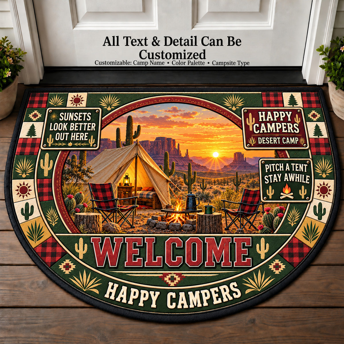 Desert Camp - Happy Campers Personalized Half Round Mat | 5To9Vibe