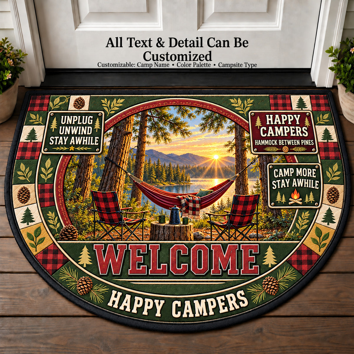 Hammock Between Pines - Happy Campers Personalized Half Round Mat | 5To9Vibe