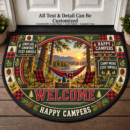 Hammock Between Pines - Happy Campers Personalized Half Round Mat | 5To9Vibe
