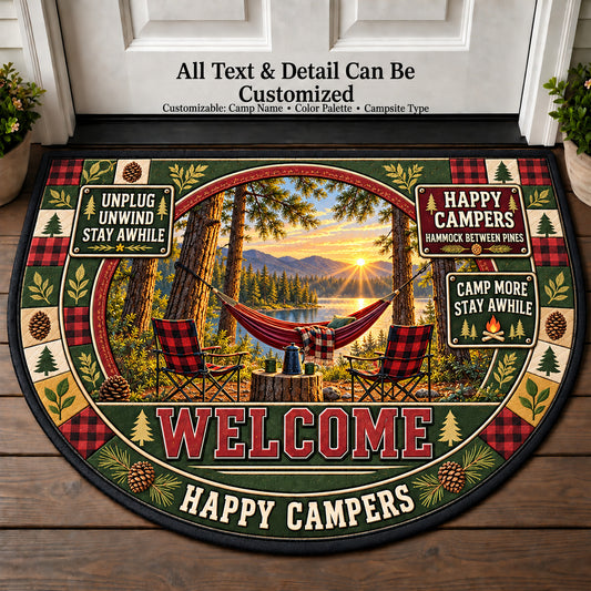 Hammock Between Pines - Happy Campers Personalized Half Round Mat | 5To9Vibe