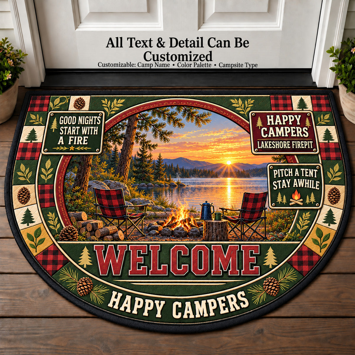 Lakeshore Firepit - Happy Campers Personalized Half Round Mat | 5To9Vibe
