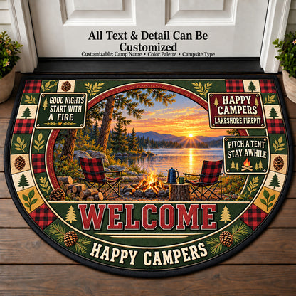 Lakeshore Firepit - Happy Campers Personalized Half Round Mat | 5To9Vibe