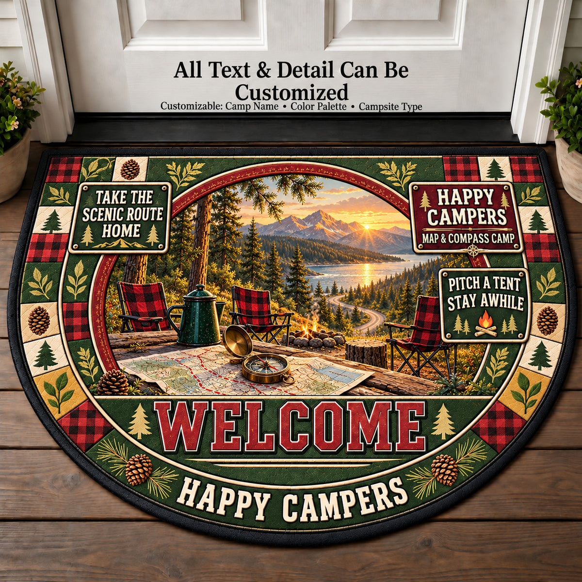Map Compass Camp - Happy Campers Personalized Half Round Mat | 5To9Vibe