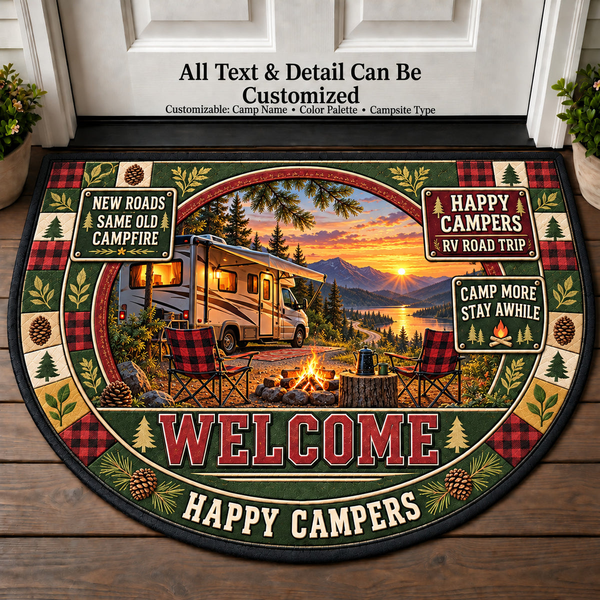 RV Road Trip - Happy Campers Personalized Half Round Mat | 5To9Vibe