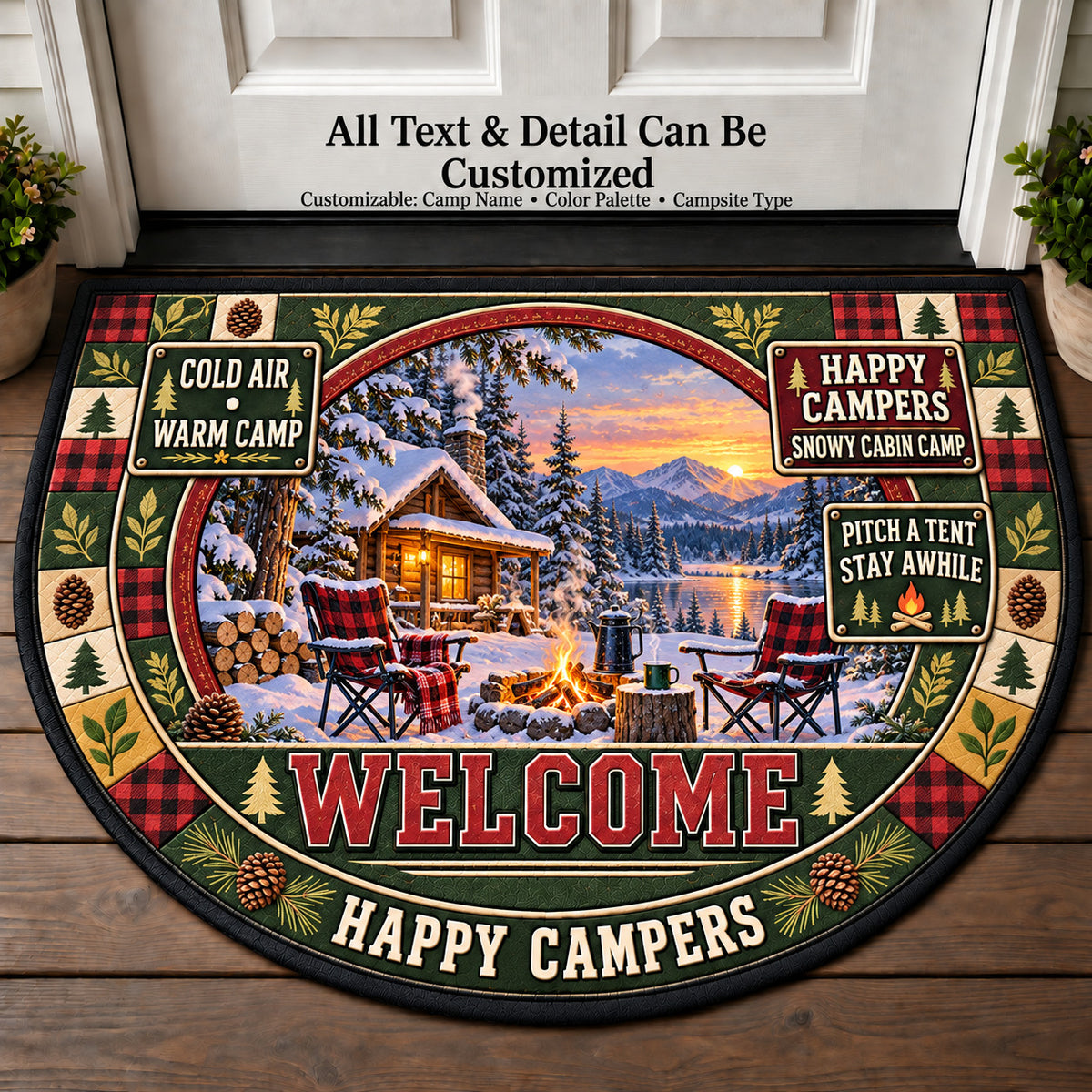 Snowy Cabin Camp - Happy Campers Personalized Half Round Mat | 5To9Vibe